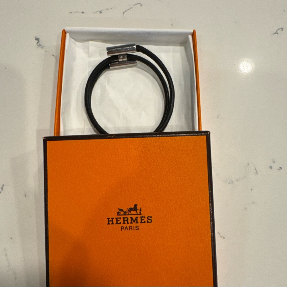 Hermes Tournis Tresse Black Leather Bracelet Silver Hardware In Box